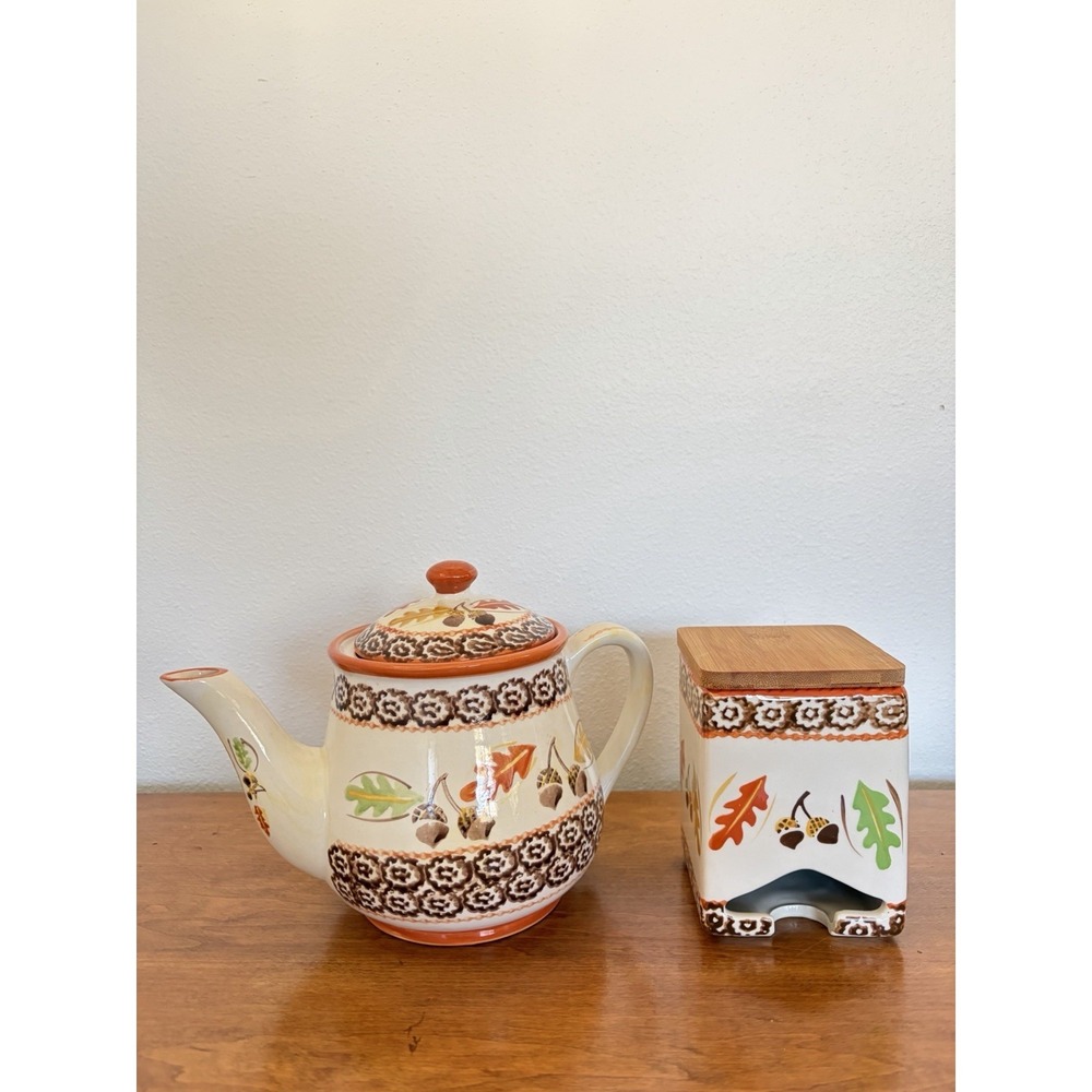 Temp-tations Old World Harvest Ceramic Teapot & Square Tea Bag Holder with Lid